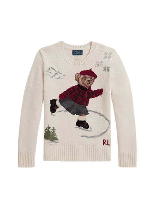 Maglia da bambina in puro cotone, girocollo, BEAR, colore bianco. POLO RALPH LAUREN | 313980680001